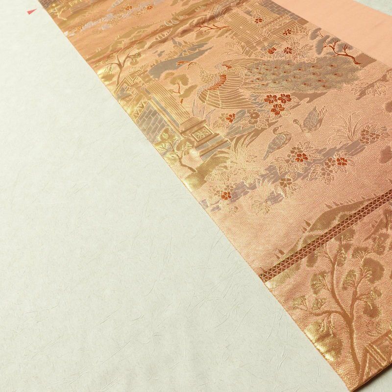 袋帯 ブルボン懐古 純金箔 手織二重箔 六通柄 フォーマル用 正絹 風景柄 箔 金糸 帯 ピンク サーモンピンク_画像11