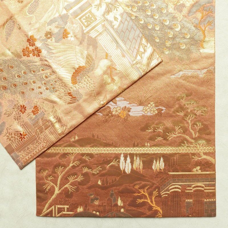 袋帯 ブルボン懐古 純金箔 手織二重箔 六通柄 フォーマル用 正絹 風景柄 箔 金糸 帯 ピンク サーモンピンク_画像13