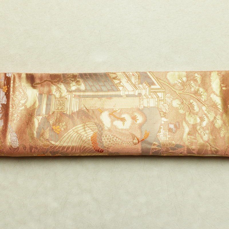袋帯 ブルボン懐古 純金箔 手織二重箔 六通柄 フォーマル用 正絹 風景柄 箔 金糸 帯 ピンク サーモンピンク_画像14
