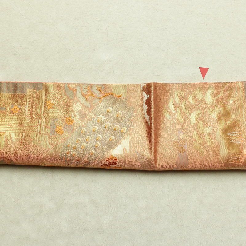 袋帯 ブルボン懐古 純金箔 手織二重箔 六通柄 フォーマル用 正絹 風景柄 箔 金糸 帯 ピンク サーモンピンク_画像15