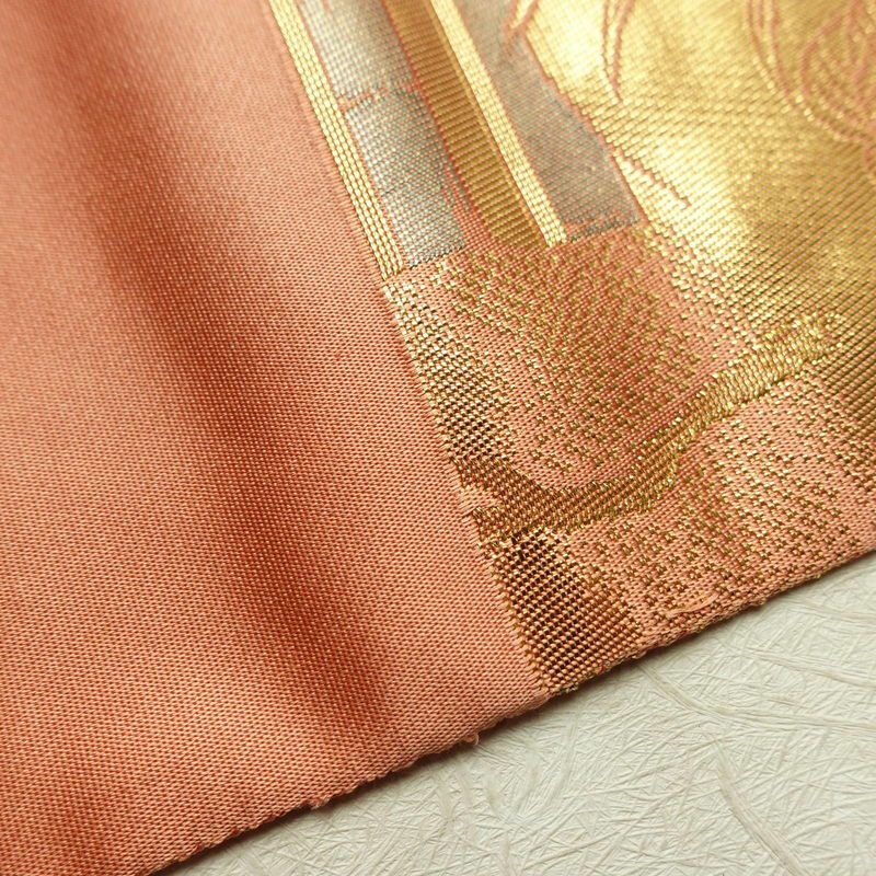 袋帯 ブルボン懐古 純金箔 手織二重箔 六通柄 フォーマル用 正絹 風景柄 箔 金糸 帯 ピンク サーモンピンク_画像18