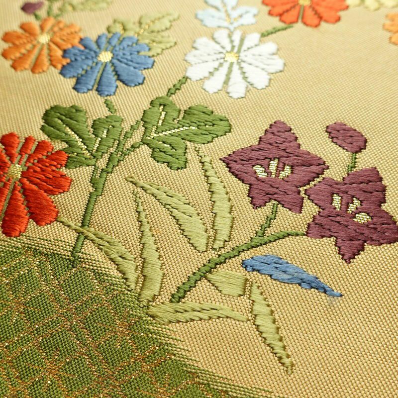 袋帯 六通柄 フォーマル用 正絹 花柄 箔 菊 金糸 帯 黄・黄土色_画像4