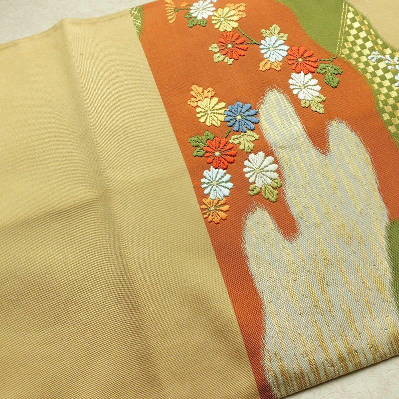 袋帯 六通柄 フォーマル用 正絹 花柄 箔 菊 金糸 帯 黄・黄土色_画像17