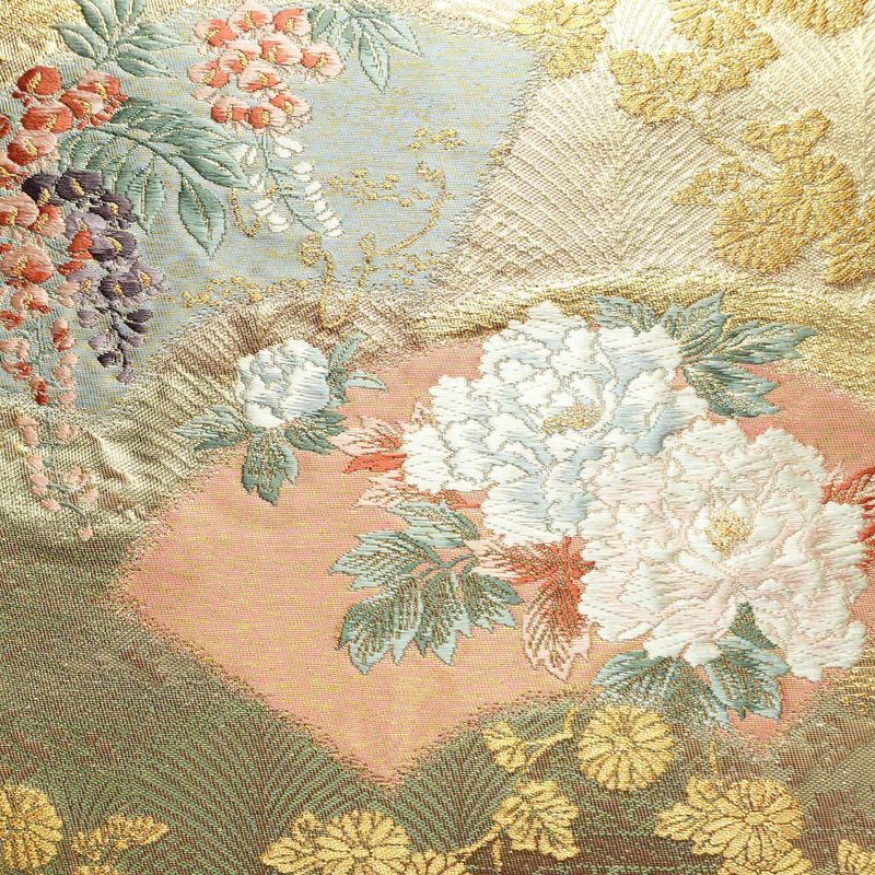袋帯 六通柄 フォーマル用 正絹 花柄 箔 扇面 金糸 帯 金・銀_画像2