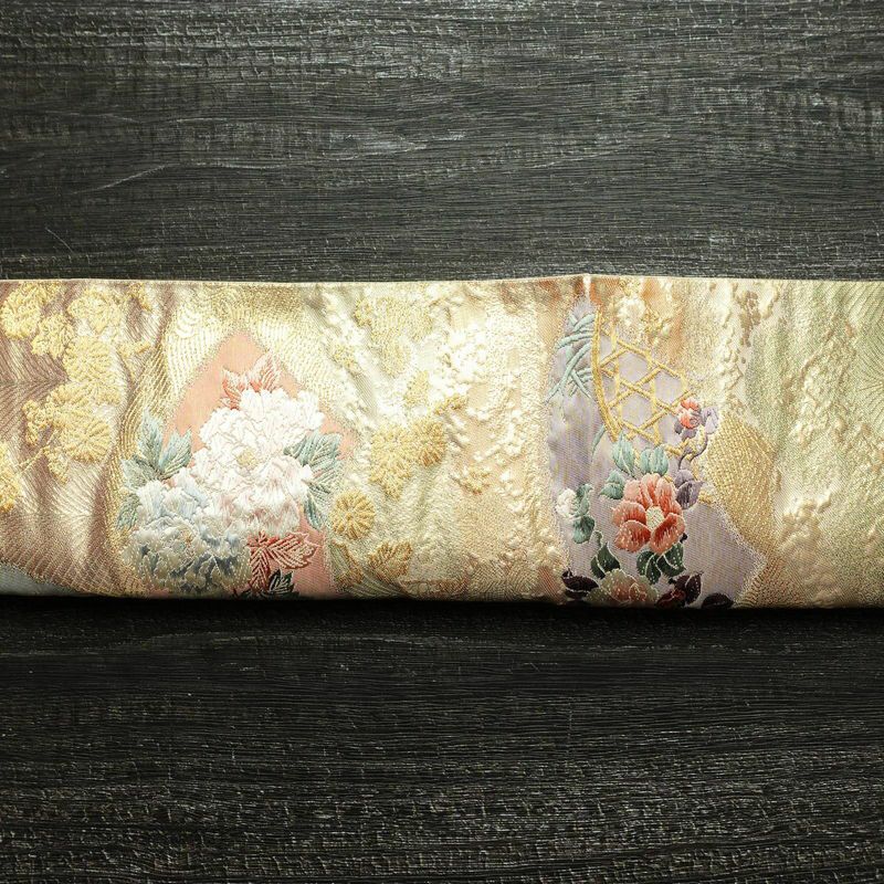 袋帯 六通柄 フォーマル用 正絹 花柄 箔 扇面 金糸 帯 金・銀_画像13