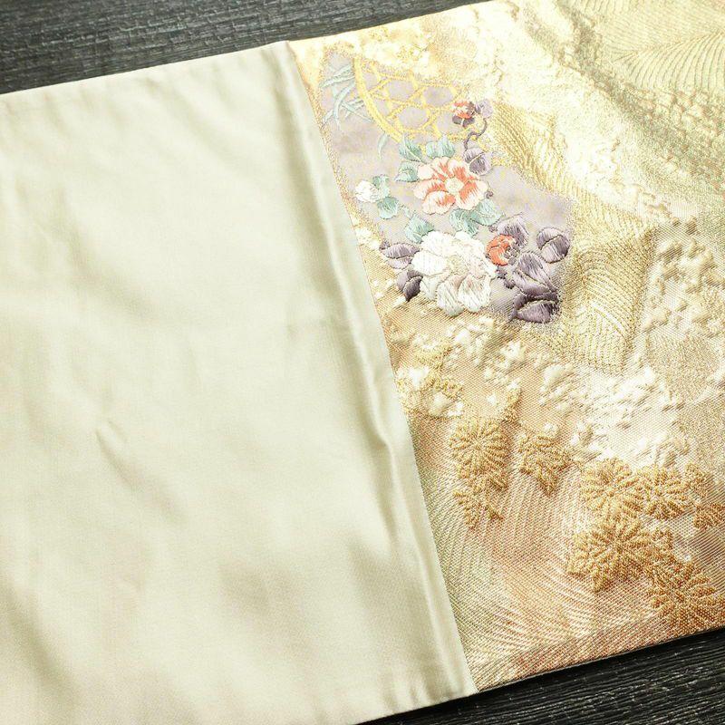 袋帯 六通柄 フォーマル用 正絹 花柄 箔 扇面 金糸 帯 金・銀_画像14