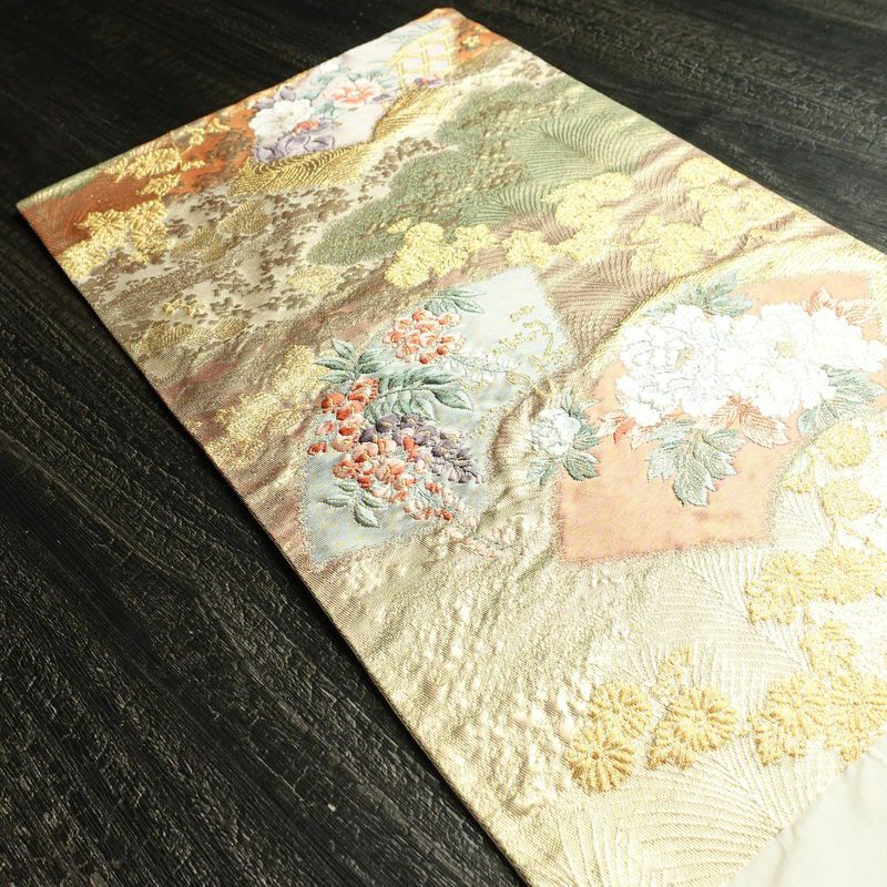 袋帯 六通柄 フォーマル用 正絹 花柄 箔 扇面 金糸 帯 金・銀_画像16