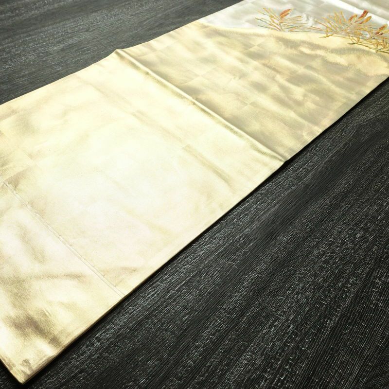 名古屋帯 太鼓柄 正絹 木の葉・植物柄 名古屋仕立て 箔 帯 金・銀_画像8