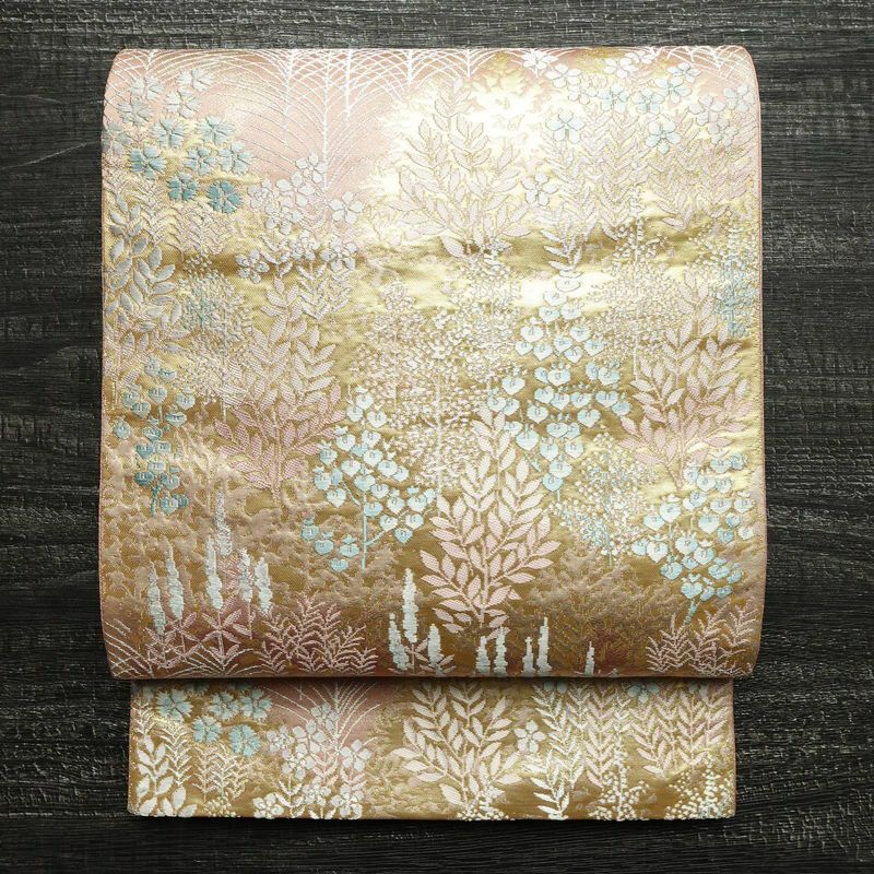 袋帯 六通柄 良品 フォーマル用 正絹 木の葉・植物柄 箔 帯 ピンク_画像1