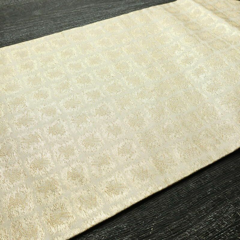 名古屋帯 六通柄 正絹 チェック・格子柄 名古屋仕立て 箔 帯 クリーム_画像9