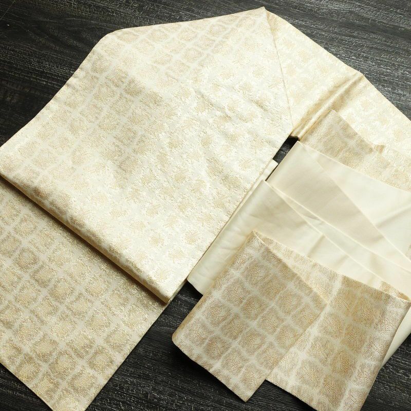 名古屋帯 六通柄 正絹 チェック・格子柄 名古屋仕立て 箔 帯 クリーム_画像19