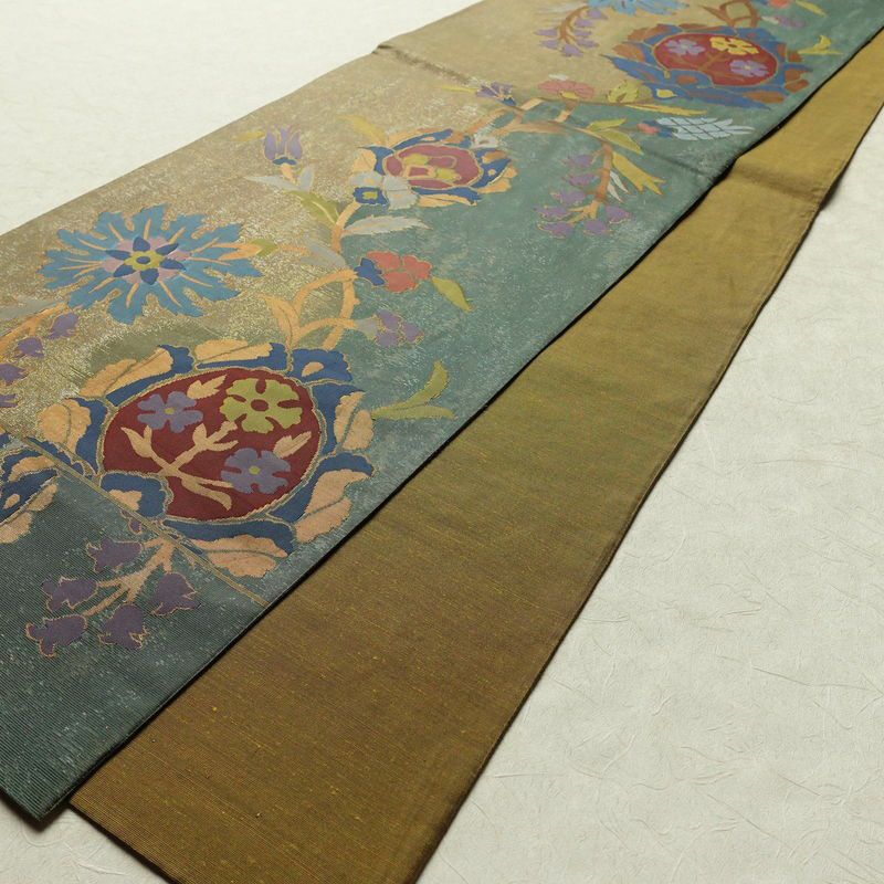 袋帯 六通柄 フォーマル用 正絹 花柄 箔 帯 黄・黄土色_画像8