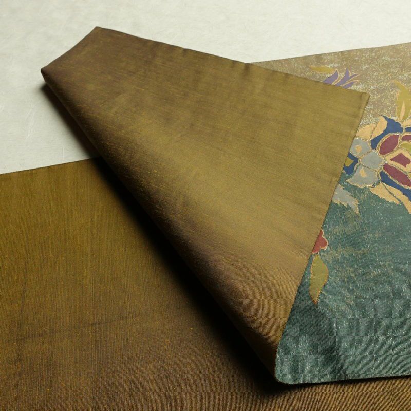 袋帯 六通柄 フォーマル用 正絹 花柄 箔 帯 黄・黄土色_画像9
