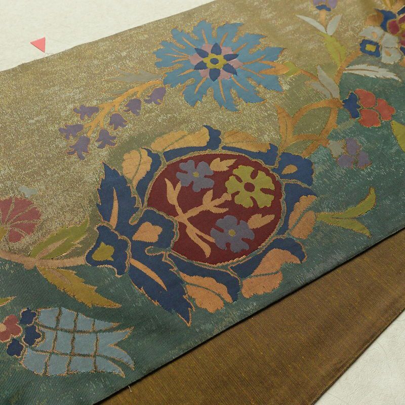 袋帯 六通柄 フォーマル用 正絹 花柄 箔 帯 黄・黄土色_画像10
