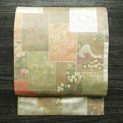 名古屋帯 伝統工芸士 山野忠雄 太鼓柄 正絹 風景柄 名古屋仕立て 箔 帯 クリーム