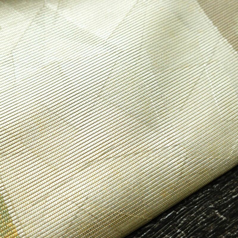 名古屋帯 伝統工芸士 山野忠雄 太鼓柄 正絹 風景柄 名古屋仕立て 箔 帯 クリーム_画像8