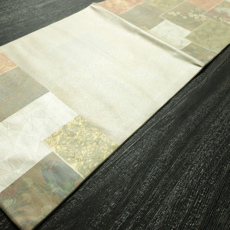 名古屋帯 伝統工芸士 山野忠雄 太鼓柄 正絹 風景柄 名古屋仕立て 箔 帯 クリーム_画像10