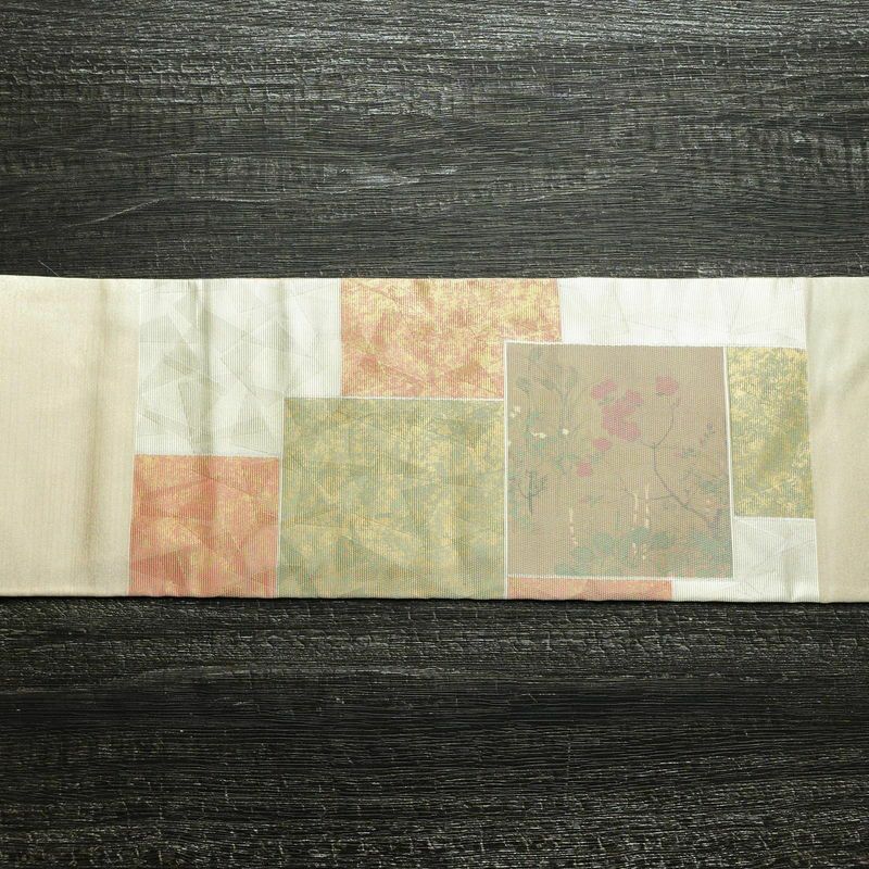 名古屋帯 伝統工芸士 山野忠雄 太鼓柄 正絹 風景柄 名古屋仕立て 箔 帯 クリーム_画像14