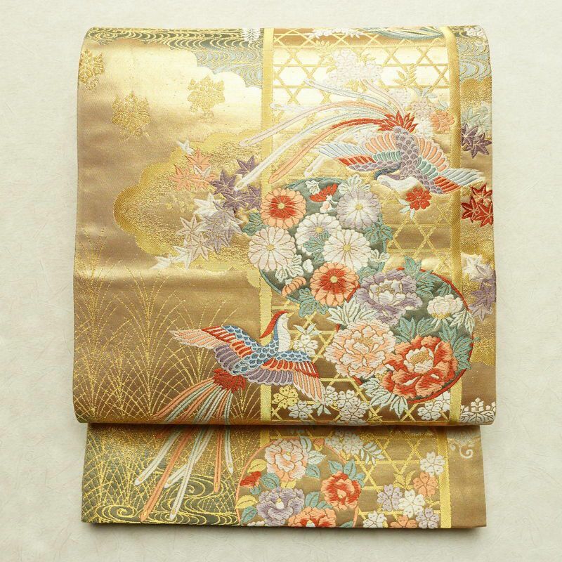 袋帯 本金箔九百錦 献上彩花輪 六通柄 フォーマル用 正絹 古典柄 箔 金糸 帯 金・銀_画像1