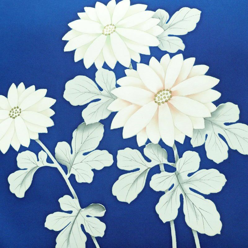 名古屋帯 塩瀬染 太鼓柄 正絹 花柄 名古屋仕立て 帯 青・紺_画像2