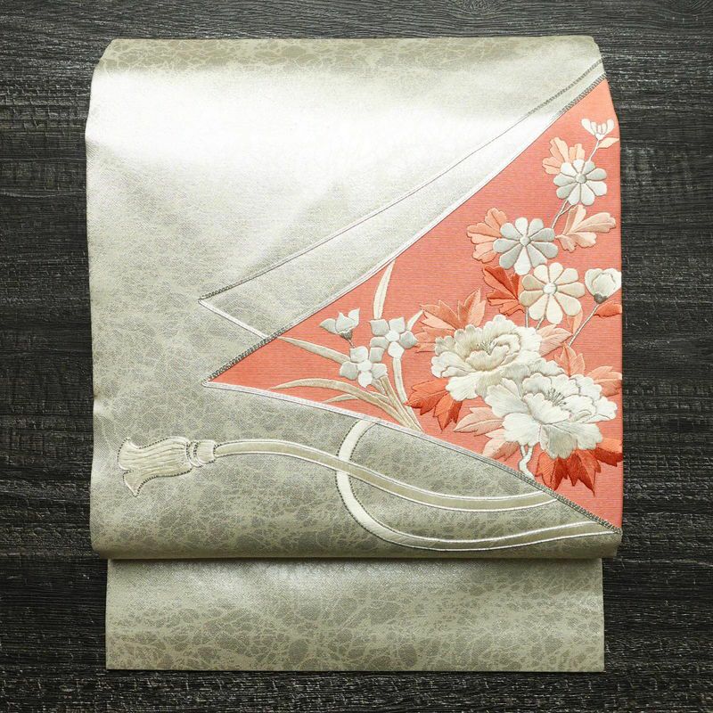 A2289 ○高級 正絹 塩瀬 古い 金駒刺繍 名古屋帯