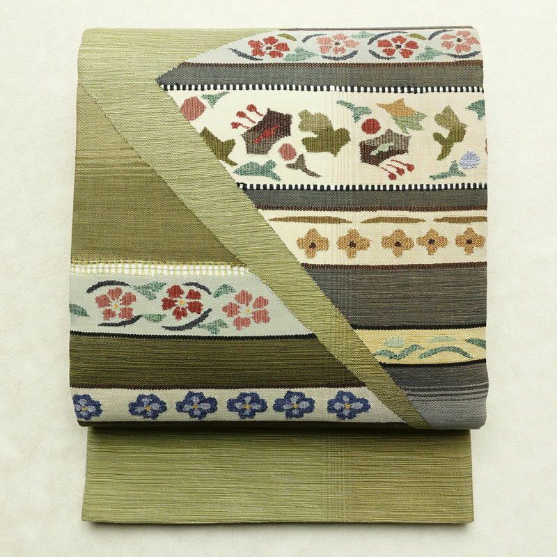 袋帯 太鼓柄 良品 一般用 正絹 花柄 帯 緑・うぐいす色_画像1