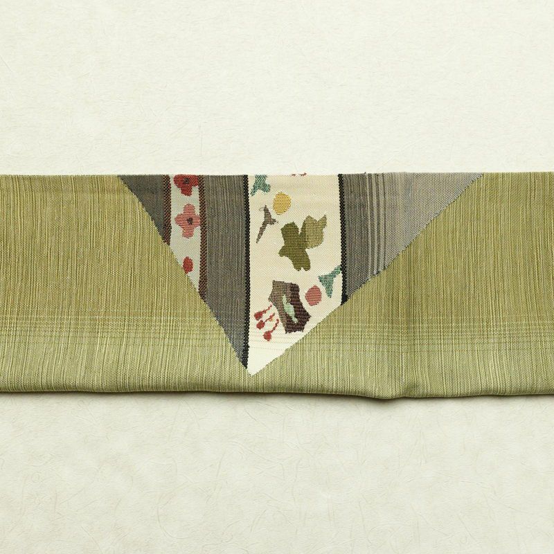 袋帯 太鼓柄 良品 一般用 正絹 花柄 帯 緑・うぐいす色_画像16
