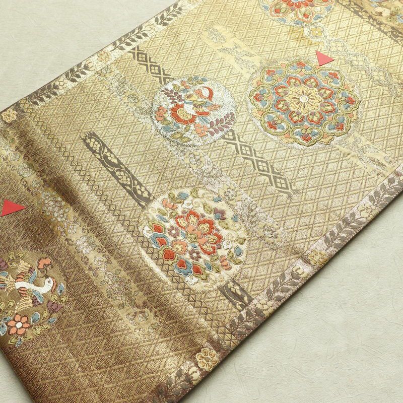 袋帯 六通柄 フォーマル用 正絹 幾何学柄・抽象柄 箔 帯 黄・黄土色_画像9