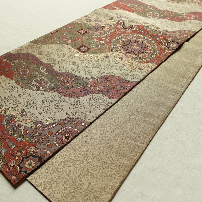 袋帯 六通柄 一般用 正絹 幾何学柄・抽象柄 帯 ベージュ_画像8