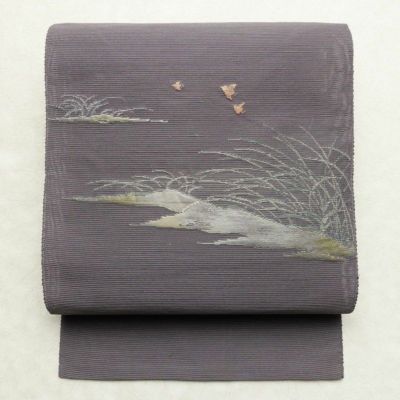 名古屋帯 六通柄 縮緬 正絹 風景柄 名古屋仕立て 帯 グレー | 六 名古屋帯 六通柄 縮緬 正絹 風景柄 名古屋仕立て 帯 グレー | 六