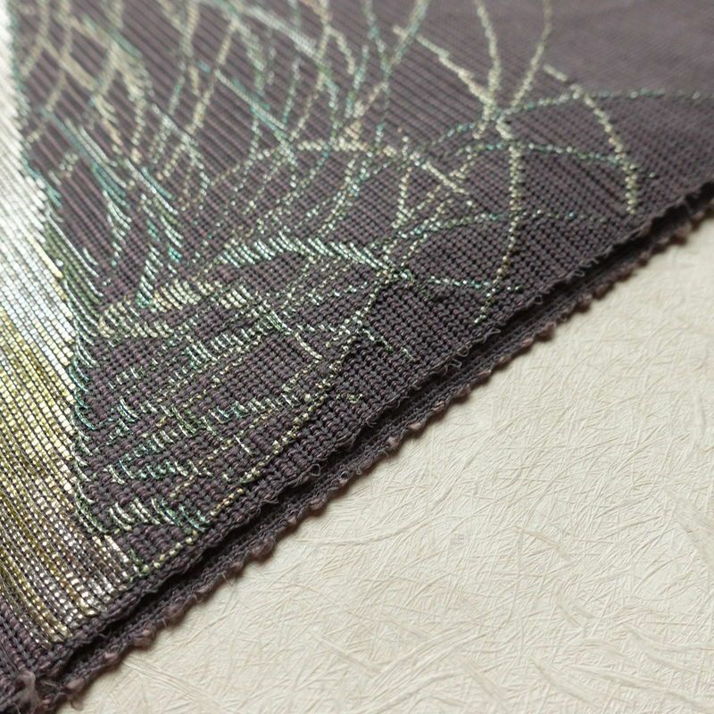 名古屋帯 太鼓柄 夏用 正絹 風景柄 名古屋仕立て 箔 帯 紫・藤色_画像12