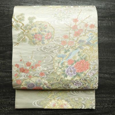 袋帯 献上流水雪輪文 六通柄 美品 フォーマル用 正絹 古典柄 箔 金糸 帯 白