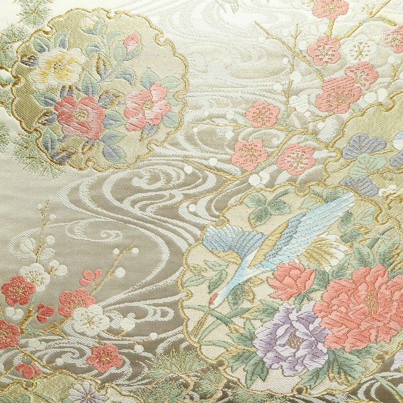 袋帯 献上流水雪輪文 六通柄 美品 フォーマル用 正絹 古典柄 箔 金糸 帯 白_画像2