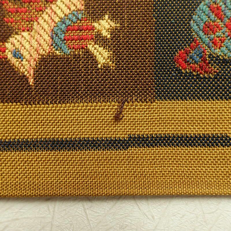 袋帯 六通柄 一般用 正絹 幾何学柄・抽象柄 帯 黄・黄土色_画像20