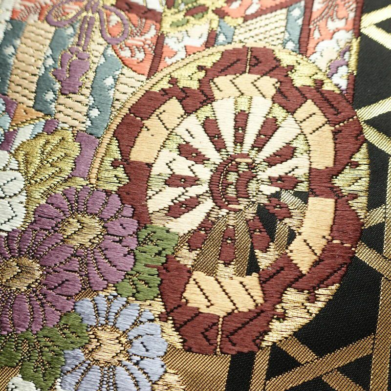 袋帯 六通柄 良品 フォーマル用 正絹 御所車 古典柄 箔 金糸 帯 黒_画像3