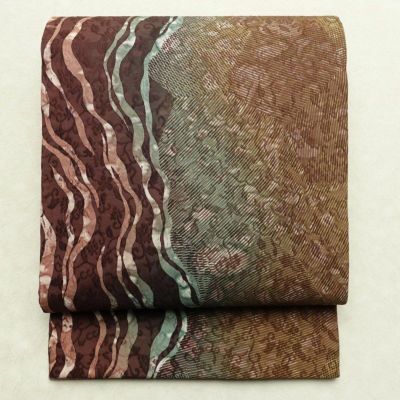 袋帯 全通柄 美品 一般用 正絹 流水・波柄 帯 小豆・エンジ