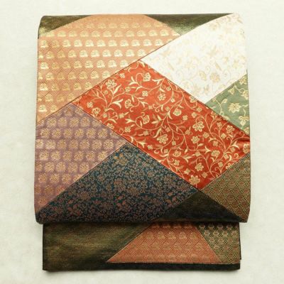 袋帯 切嵌 太鼓柄 良品 フォーマル用 正絹 木の葉・植物柄 箔 帯 緑・うぐいす色