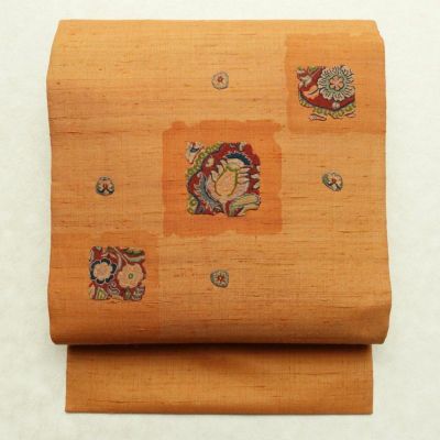 名古屋帯 紬 太鼓柄 良品 正絹 花柄 名古屋仕立て 刺繍 帯 橙