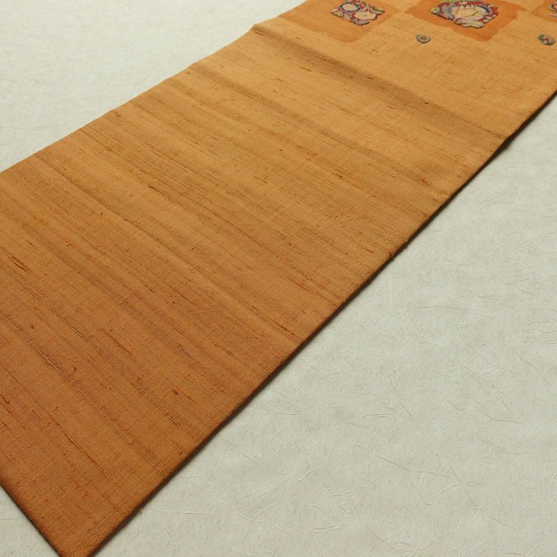 名古屋帯 紬 太鼓柄 良品 正絹 花柄 名古屋仕立て 刺繍 帯 橙_画像9