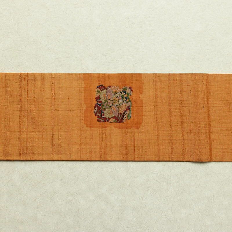 名古屋帯 紬 太鼓柄 良品 正絹 花柄 名古屋仕立て 刺繍 帯 橙_画像14