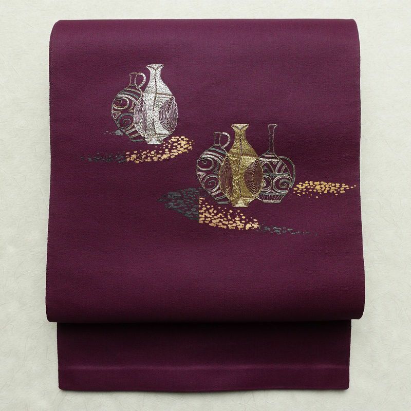 名古屋帯 太鼓柄 良品 正絹 その他の柄 通し仕立て 箔 刺繍 金糸 帯 紫・藤色_画像1