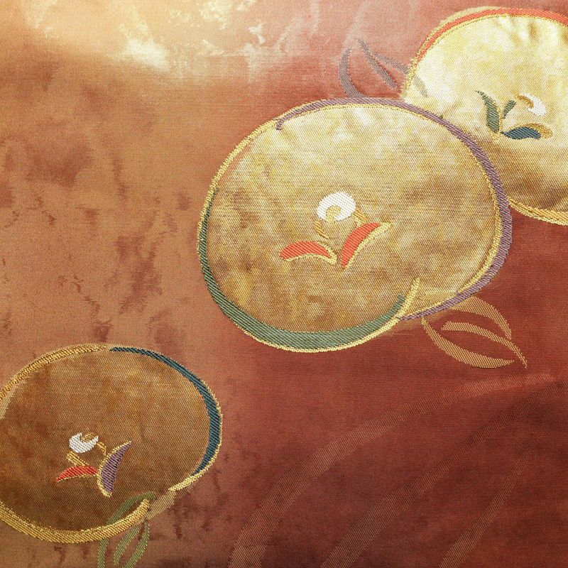 名古屋帯 太鼓柄 正絹 花柄 万寿菊 名古屋仕立て 箔 帯 茶_画像2