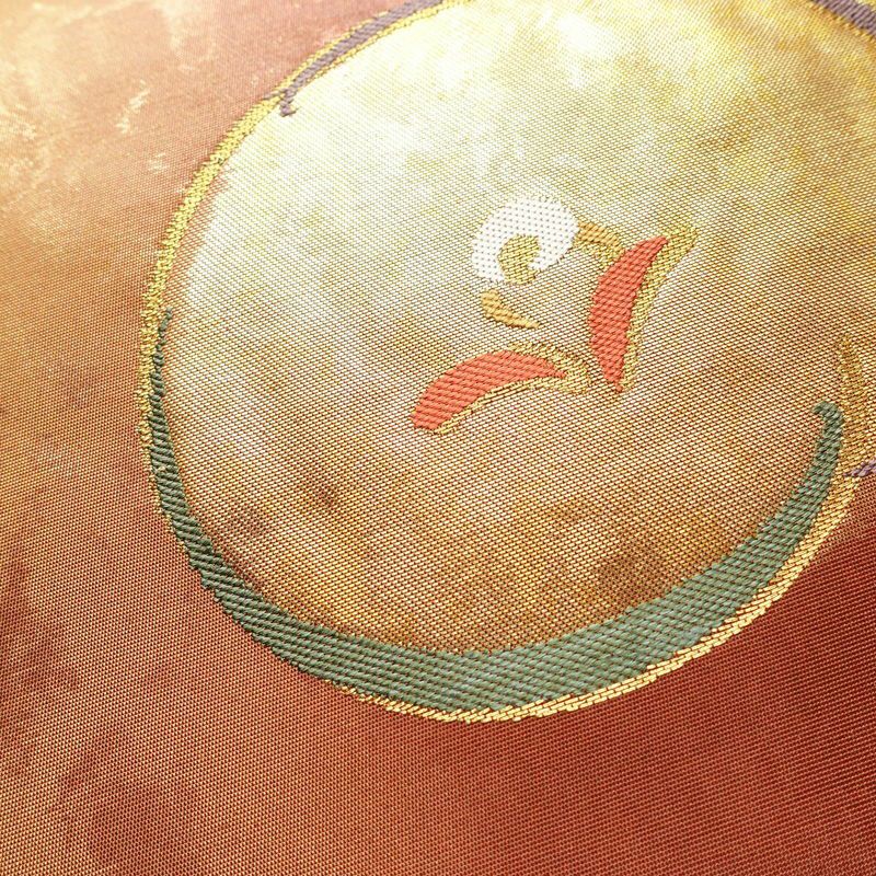 名古屋帯 太鼓柄 正絹 花柄 万寿菊 名古屋仕立て 箔 帯 茶_画像3