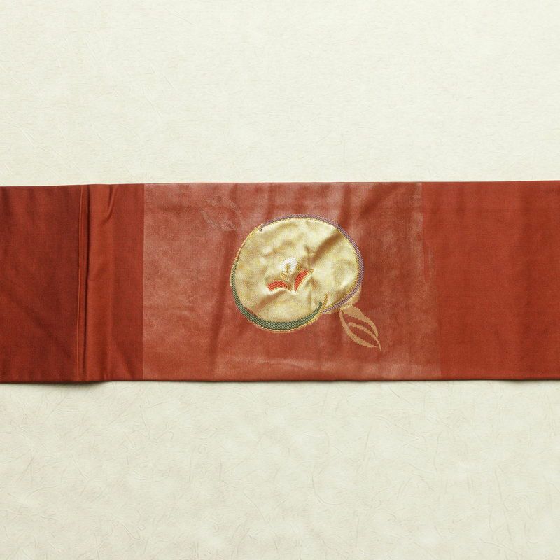 名古屋帯 太鼓柄 正絹 花柄 万寿菊 名古屋仕立て 箔 帯 茶_画像14