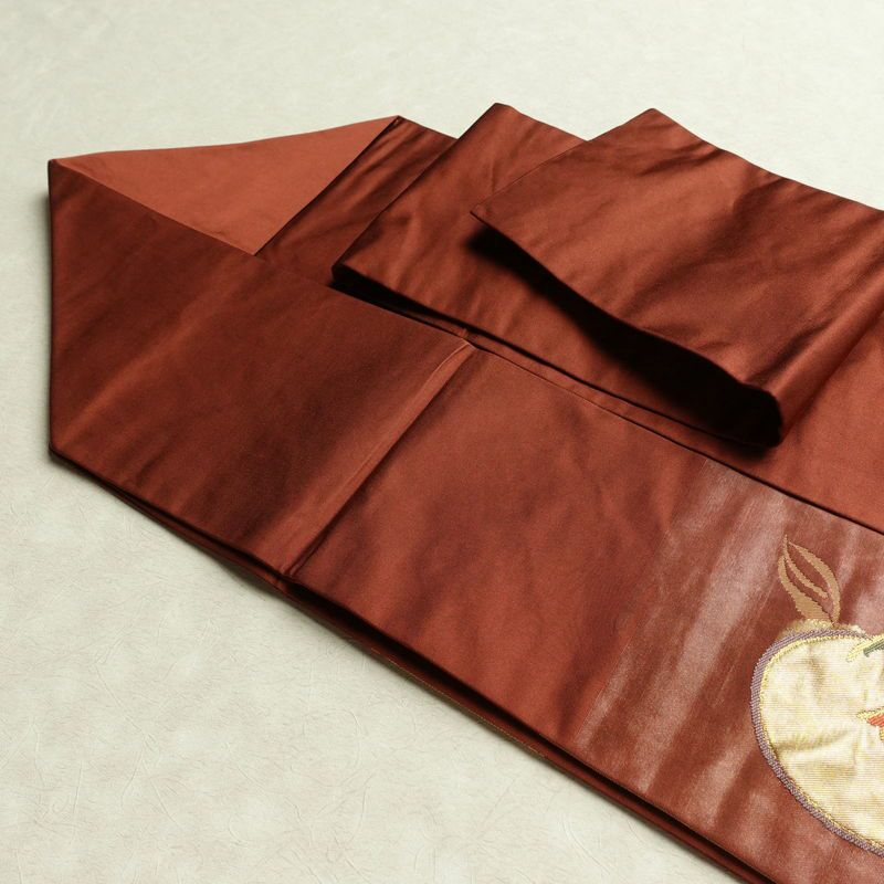 名古屋帯 太鼓柄 正絹 花柄 万寿菊 名古屋仕立て 箔 帯 茶_画像20