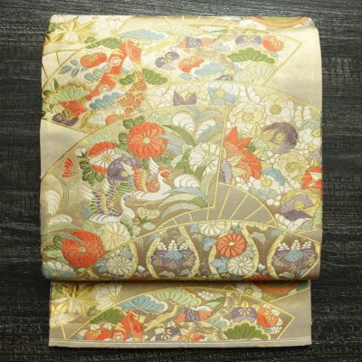 袋帯 本金漆箔 六通柄 良品 フォーマル用 正絹 古典柄 箔 金糸 帯 クリーム