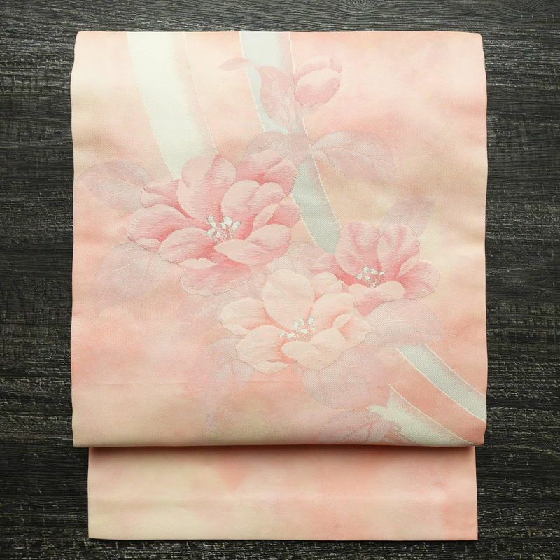 名古屋帯 太鼓柄 良品 正絹 花柄 名古屋仕立て 銀糸 ピンク_画像1