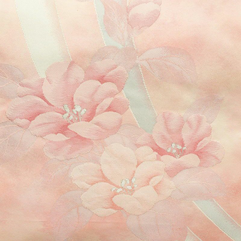 名古屋帯 太鼓柄 良品 正絹 花柄 名古屋仕立て 銀糸 ピンク_画像2