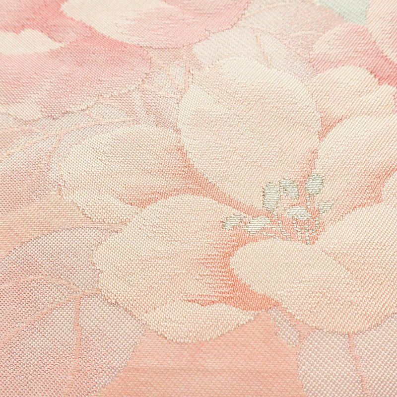 名古屋帯 太鼓柄 良品 正絹 花柄 名古屋仕立て 銀糸 ピンク_画像4