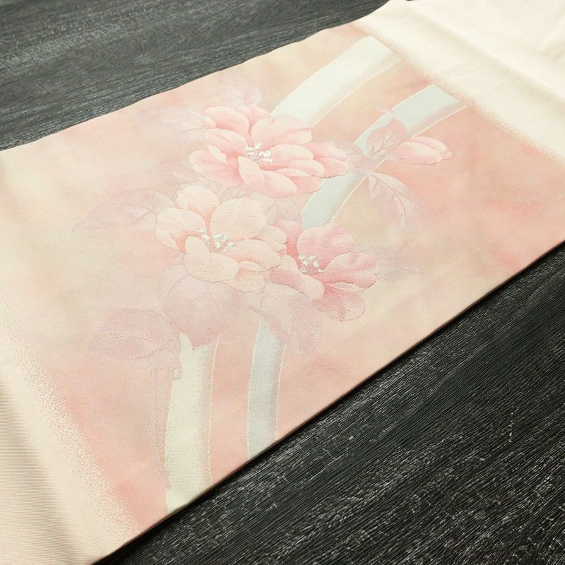 名古屋帯 太鼓柄 良品 正絹 花柄 名古屋仕立て 銀糸 ピンク_画像11